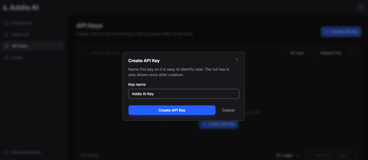 Create API Key dialog with the key-name field