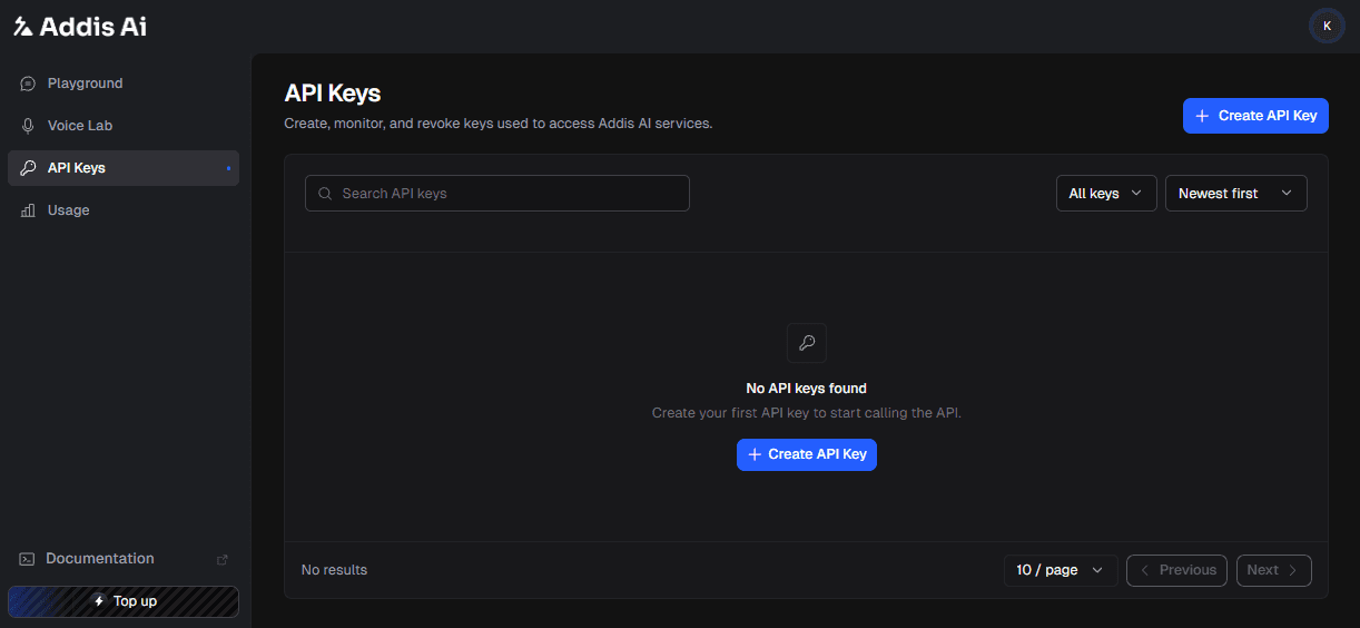 Addis AI API Keys page with the Create API Key button