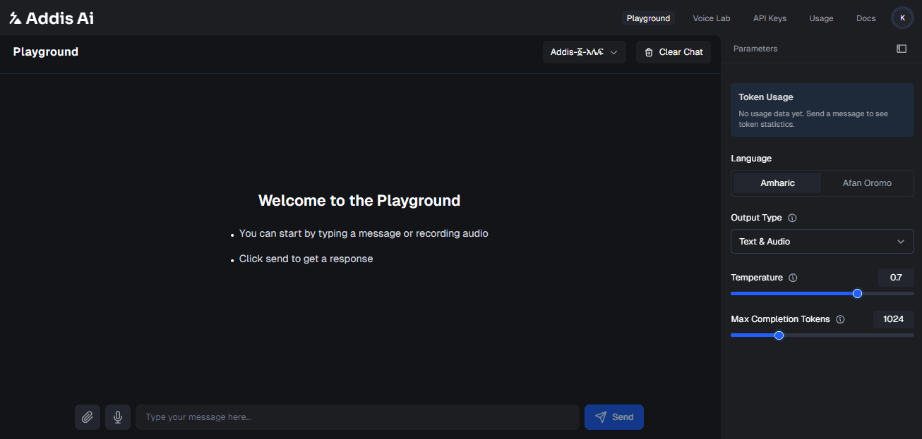 Current Addis AI Playground showing model, language, output, temperature, and token controls