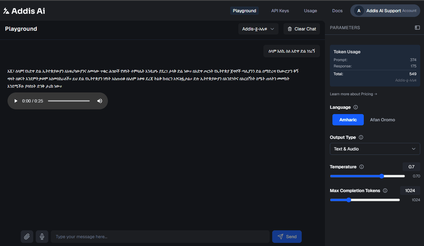 Addis AI Playground Interface