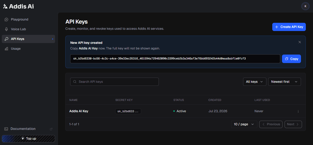 New Addis AI API key confirmation with the one-time Copy action